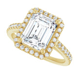 French-set halo ring larger emerald, alternate view showing light play variant--Emerald variant--3CT variant--14K-yellow-gold