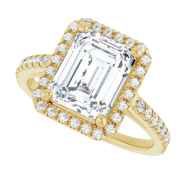 French-set halo ring larger emerald, alternate view showing light play variant--Emerald variant--3CT variant--14K-yellow-gold