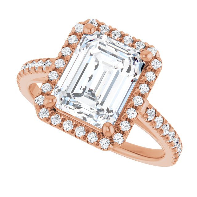 French-set halo ring larger emerald, side profile showing setting height variant--Emerald variant--3CT variant--14K-rose-gold