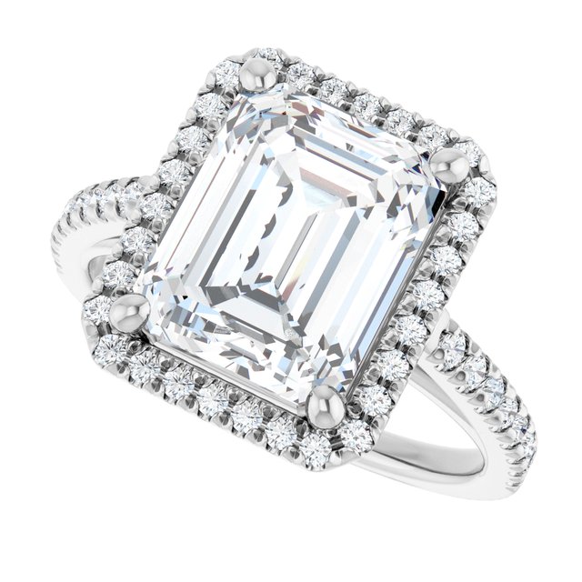French-set halo ring with 3CT emerald center in gold variant--Emerald variant--4CT variant--14K-white-gold