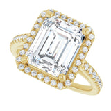 French-set halo ring 3CT emerald alternate angle variant--Emerald variant--4CT variant--14K-yellow-gold