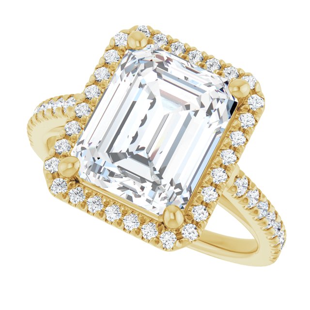 French-set halo ring 3CT emerald alternate angle variant--Emerald variant--4CT variant--14K-yellow-gold