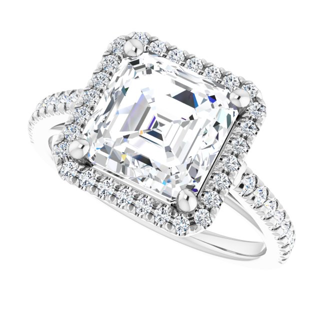 French-set halo ring with 2CT asscher center variant--Asscher variant--3CT variant--14K-white-gold