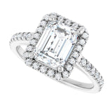 French-set halo ring with emerald-cut center, top-down view in gold variant--Emerald variant--2CT variant--14K-white-gold