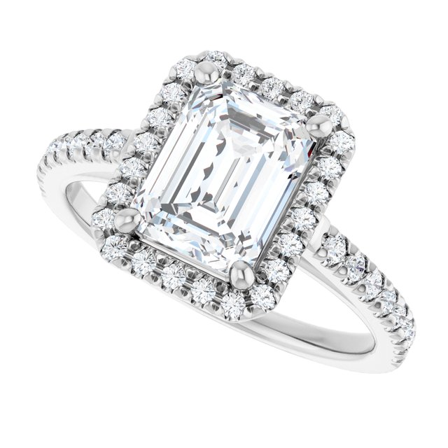 French-set halo ring with emerald-cut center, top-down view in gold variant--Emerald variant--2CT variant--14K-white-gold