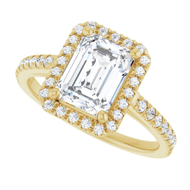 French-set halo ring emerald center, alternate angle showing halo depth variant--Emerald variant--2CT variant--14K-yellow-gold