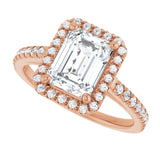 French-set halo ring emerald center, three-quarter perspective variant--Emerald variant--2CT variant--14K-rose-gold