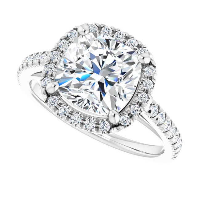 French-set halo ring with 2CT cushion center variant--Cushion variant--3CT variant--14K-white-gold
