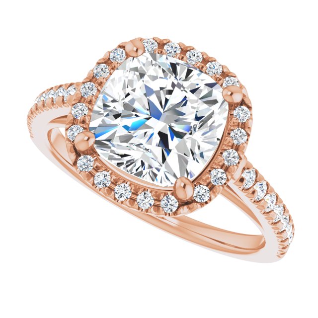 French-set halo ring 2CT cushion side profile variant--Cushion variant--3CT variant--14K-rose-gold