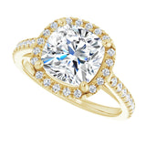 French-set halo ring 2CT cushion alternate view variant--Cushion variant--3CT variant--14K-yellow-gold
