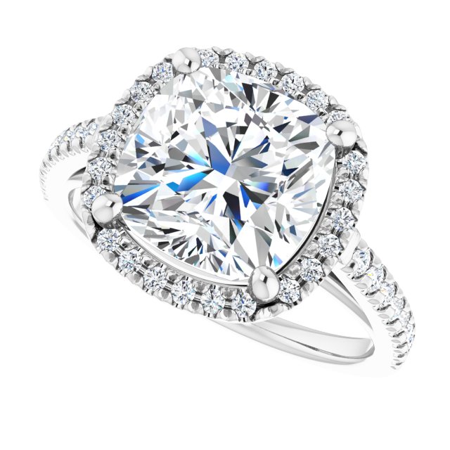 French-set halo ring with 3CT cushion center in gold variant--Cushion variant--4CT variant--14K-white-gold