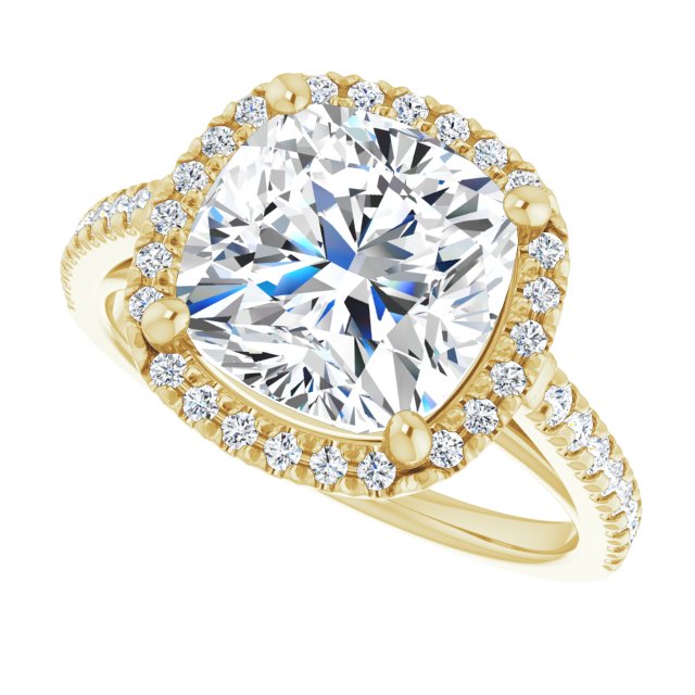 French-set halo ring 3CT cushion alternate angle variant--Cushion variant--4CT variant--14K-yellow-gold