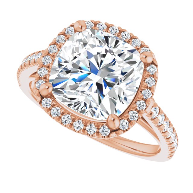 French-set halo ring 3CT cushion side view variant--Cushion variant--4CT variant--14K-rose-gold