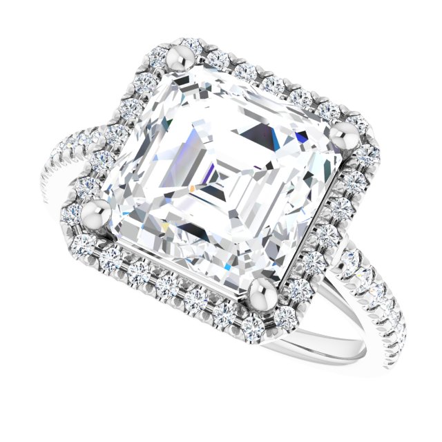 French-set halo ring with 3CT asscher center in gold variant--Asscher variant--4CT variant--14K-white-gold