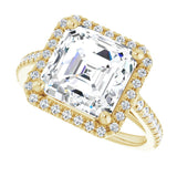 French-set halo ring 3CT asscher alternate angle variant--Asscher variant--4CT variant--14K-yellow-gold