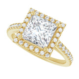 French-set halo ring 3CT square alternate angle variant--Square variant--2CT variant--14K-yellow-gold