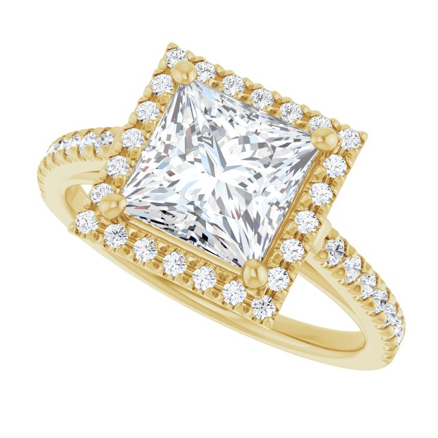 French-set halo ring 3CT square alternate angle variant--Square variant--2CT variant--14K-yellow-gold