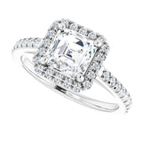 French-set halo ring with 4CT emerald center, statement view variant--Asscher variant--1CT variant--14K-white-gold