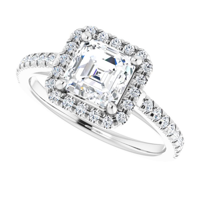 French-set halo ring with 4CT emerald center, statement view variant--Asscher variant--1CT variant--14K-white-gold
