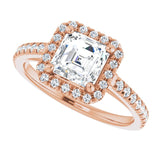 French-set halo ring 4CT emerald side profile variant--Asscher variant--1CT variant--14K-rose-gold