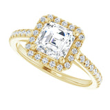French-set halo ring 4CT emerald alternate perspective variant--Asscher variant--1CT variant--14K-yellow-gold
