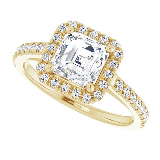 French-set halo ring 4CT emerald alternate perspective variant--Asscher variant--1CT variant--14K-yellow-gold