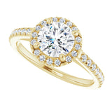 French-set halo ring 3CT pear alternate angle variant--Round variant--1CT variant--14K-yellow-gold