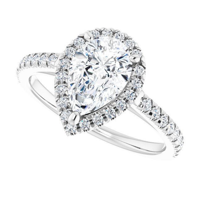 French-set halo ring with pear-cut center in gold variant--Pear variant--2CT variant--14K-white-gold