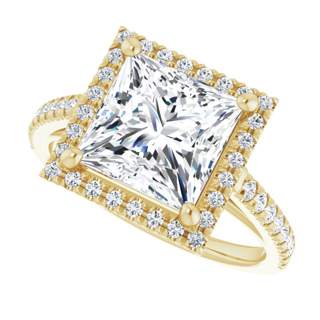 French-set halo ring 4CT square alternate perspective variant--Square variant--3CT variant--14K-yellow-gold