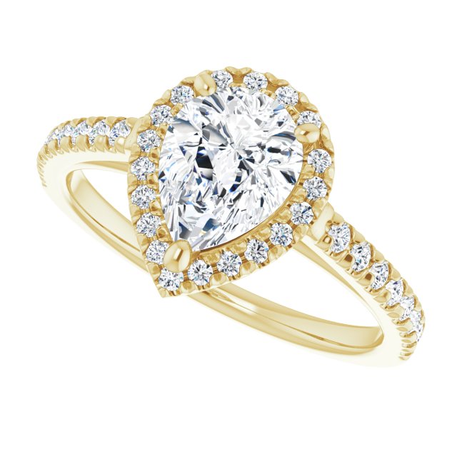 French-set halo ring 3CT oval alternate angle variant--Pear variant--1CT variant--14K-yellow-gold