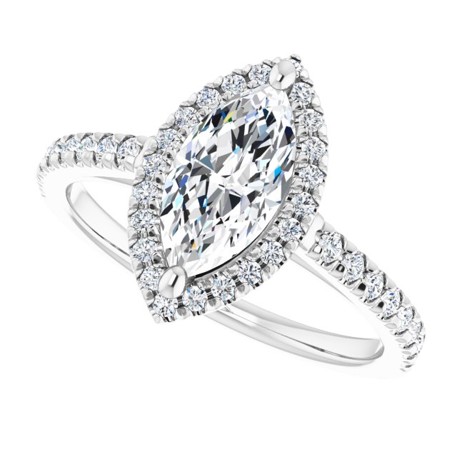 French-set halo ring with 4CT cushion center variant--Marquise variant--1CT variant--14K-white-gold