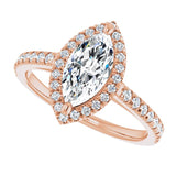 French-set halo ring 4CT cushion side profile variant--Marquise variant--1CT variant--14K-rose-gold