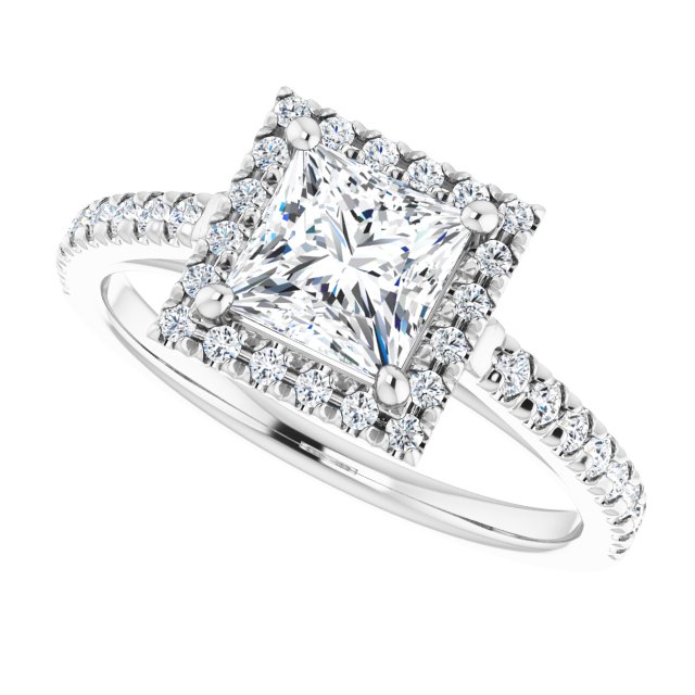 French-set halo ring with square-cut center in gold variant--Square variant--1CT variant--14K-white-gold