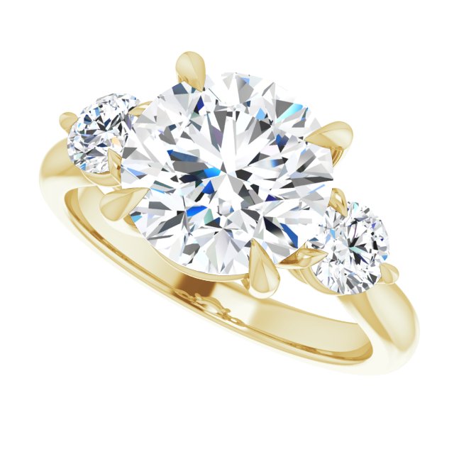 Three-stone engagement ring with round side stones in 14K gold, diamond center, close-up of round side stones variant--Round variant--3CT variant--14K-yellow-gold