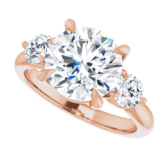 Three-stone engagement ring with round side stones in 14K gold, diamond center, showing setting detail variant--Round variant--3CT variant--14K-rose-gold