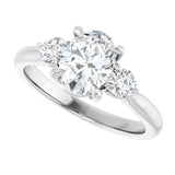Three-stone engagement ring with round side stones in 14K gold, diamond center, overhead variant--Oval variant--1CT variant--14K-white-gold