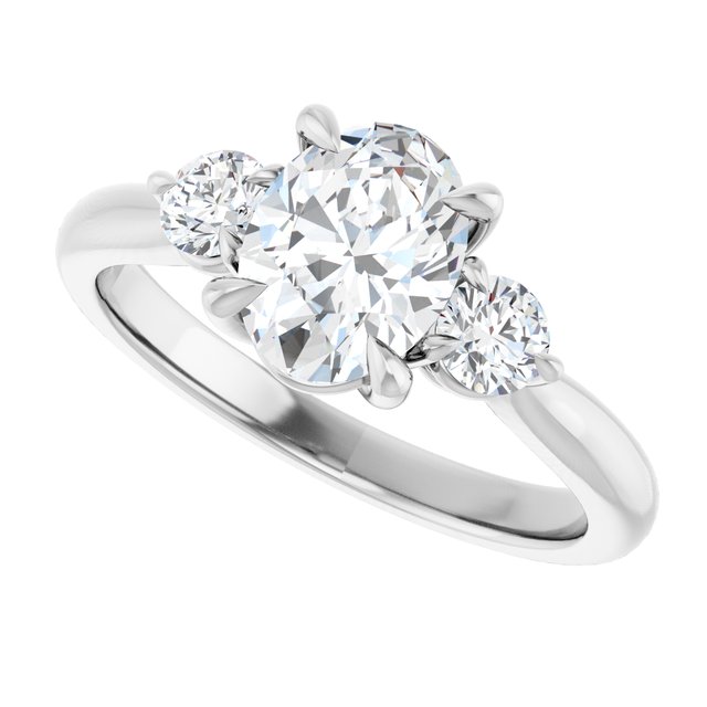 Three-stone engagement ring with round side stones in 14K gold, diamond center, overhead variant--Oval variant--1CT variant--14K-white-gold