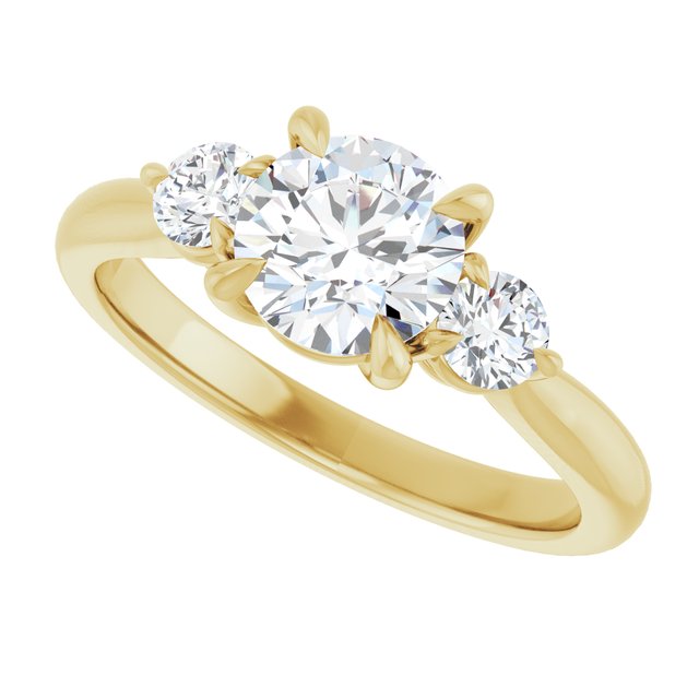 Three-stone engagement ring with round side stones in 14K gold, diamond center, showing setting detail variant--Round variant--1CT variant--14K-yellow-gold