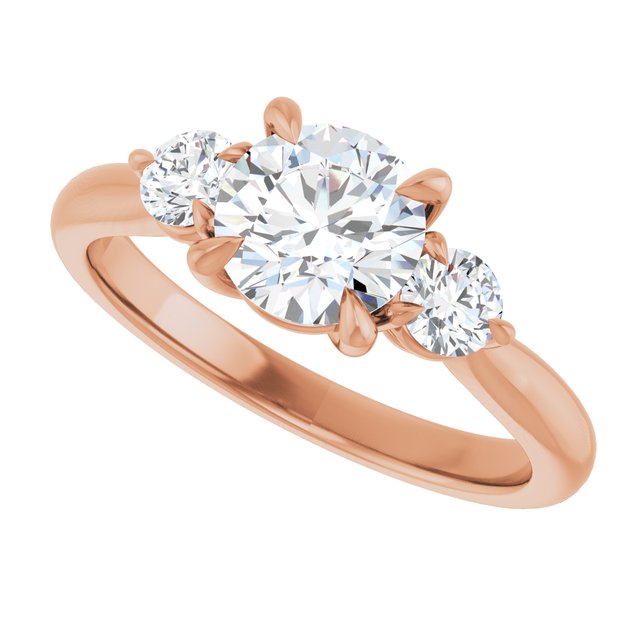 Three-stone engagement ring with round side stones in 14K gold, diamond center, close-up of round side stones variant--Round variant--1CT variant--14K-rose-gold