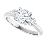 Three-stone engagement ring with round side stones in 14K gold, diamond center, three-quarter angle variant--Round variant--1CT variant--14K-white-gold