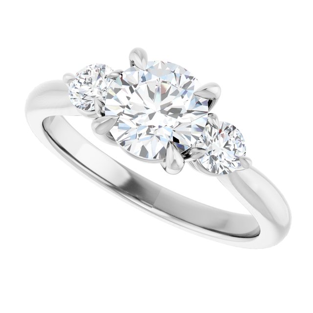 Three-stone engagement ring with round side stones in 14K gold, diamond center, three-quarter angle variant--Round variant--1CT variant--14K-white-gold