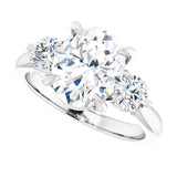 Three-stone engagement ring with round side stones in 14K gold, diamond center, on hand variant--Oval variant--2CT variant--14K-white-gold
