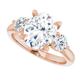 Three-stone engagement ring with round side stones in 14K gold, diamond center, overhead variant--Oval variant--2CT variant--14K-rose-gold
