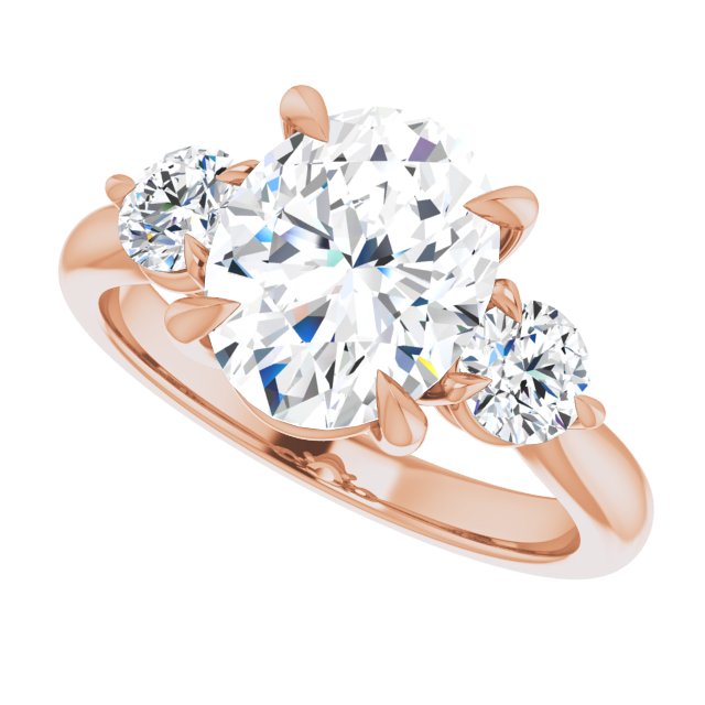Three-stone engagement ring with round side stones in 14K gold, diamond center, overhead variant--Oval variant--2CT variant--14K-rose-gold