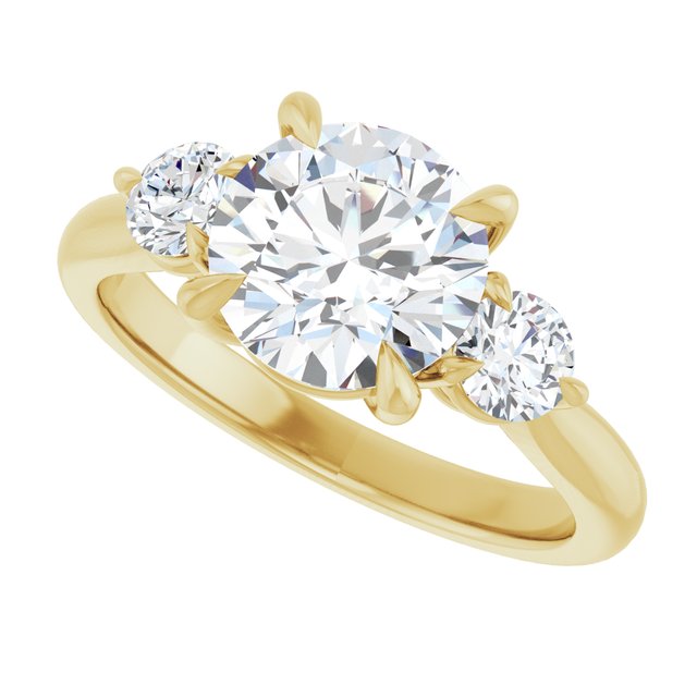 Three-stone engagement ring with round side stones in 14K gold, diamond center, in packaging variant--Round variant--2CT variant--14K-yellow-gold