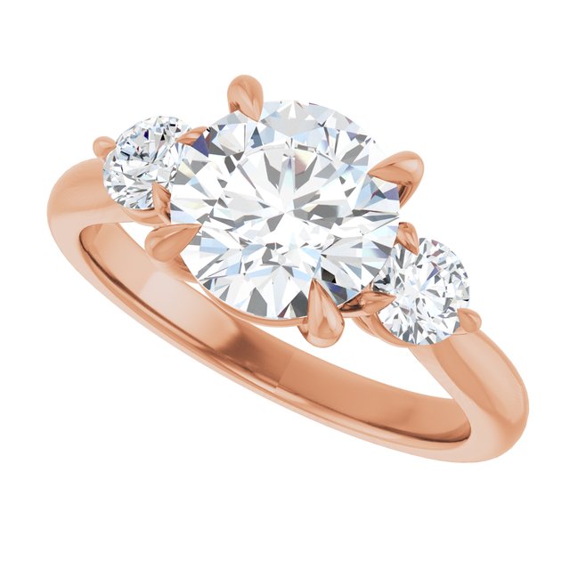 Three-stone engagement ring with round side stones in 14K gold, diamond center, side profile variant--Round variant--2CT variant--14K-rose-gold