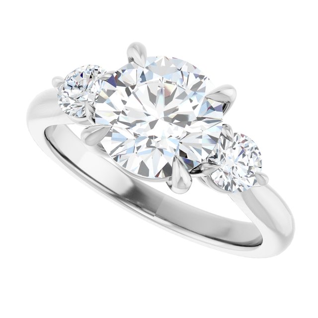 Three-stone engagement ring with round side stones in 14K gold, diamond center, front view variant--Round variant--2CT variant--14K-white-gold