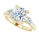 Three-stone engagement ring with round side stones in 14K gold, diamond center, side profile variant--Cushion variant--3CT variant--14K-yellow-gold