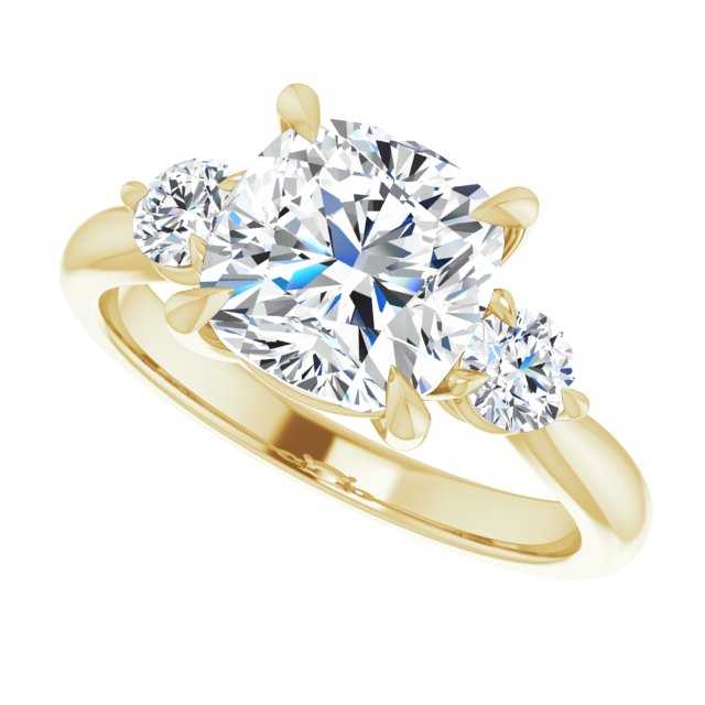 Three-stone engagement ring with round side stones in 14K gold, diamond center, side profile variant--Cushion variant--3CT variant--14K-yellow-gold