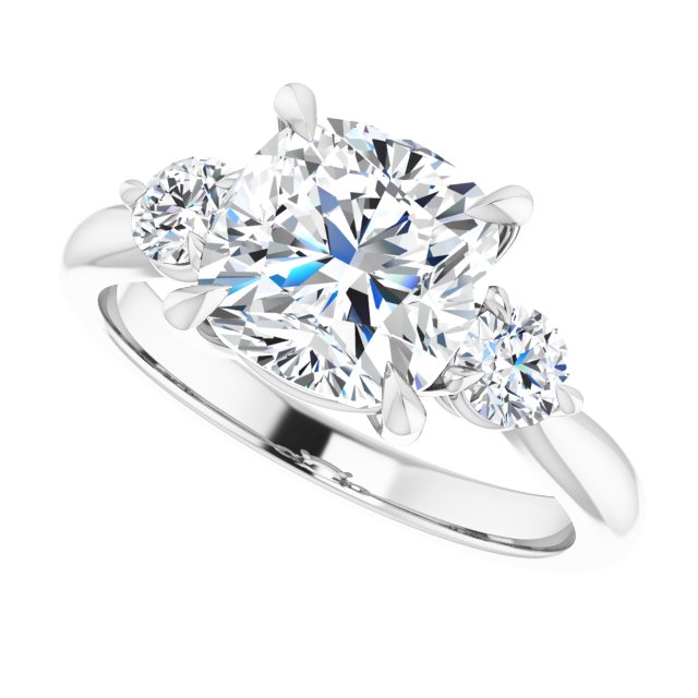 Three-stone engagement ring with round side stones in 14K gold, diamond center, on hand variant--Cushion variant--3CT variant--14K-white-gold